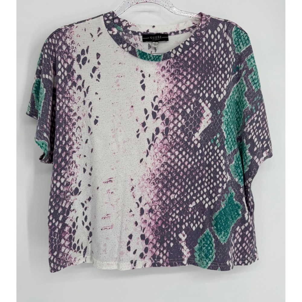 Guess‎ Los Angeles Womens Snakeskin Print Glitter Boxy T-Shirt Purple Teal L